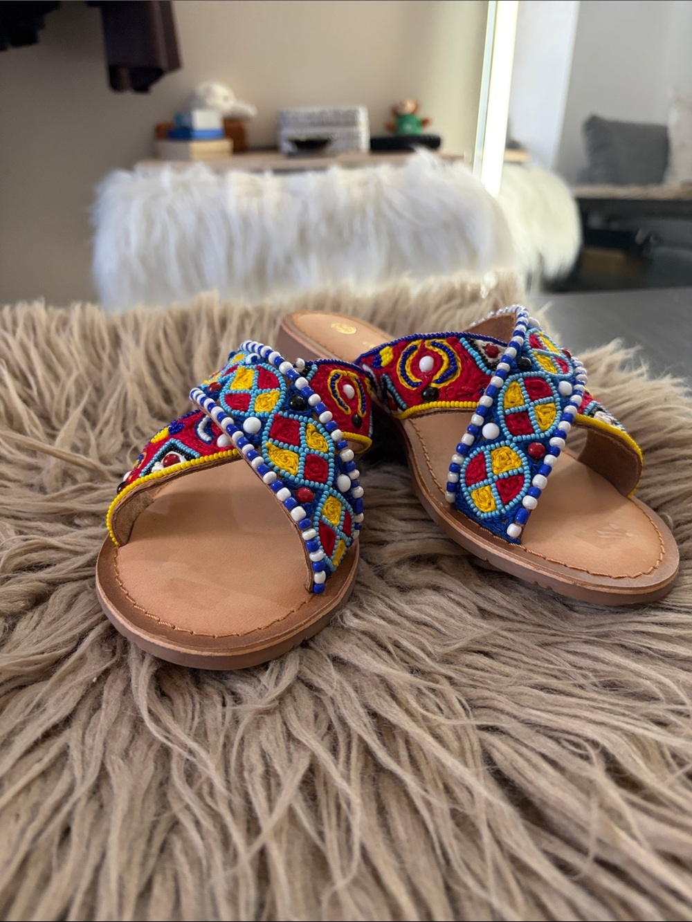 Chinese Laundry Beaded Multicolor Slide Sandals - Red, Blue, Yellow, White